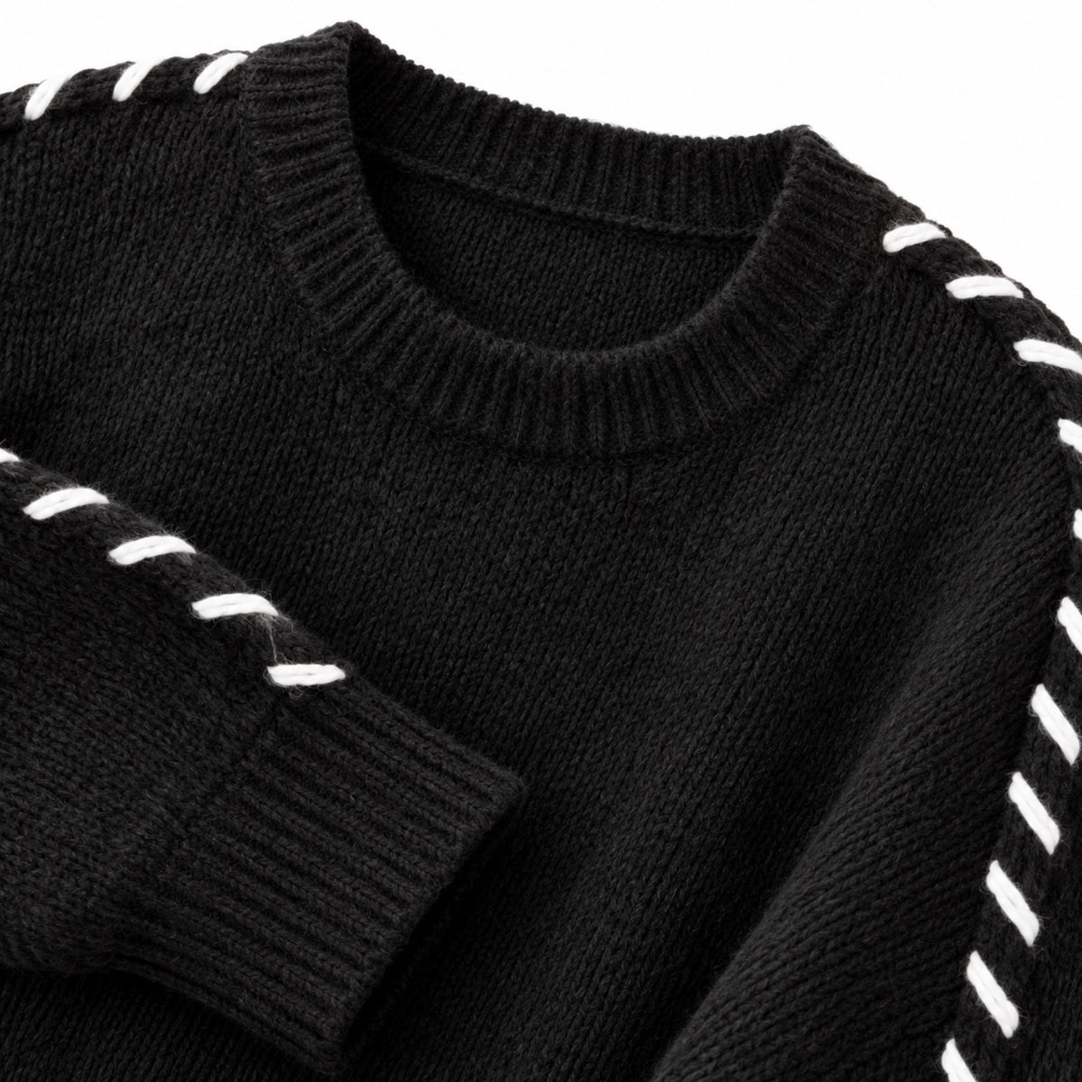 Women's contrast whipstitch crew neck jumper in Black - stitch detail