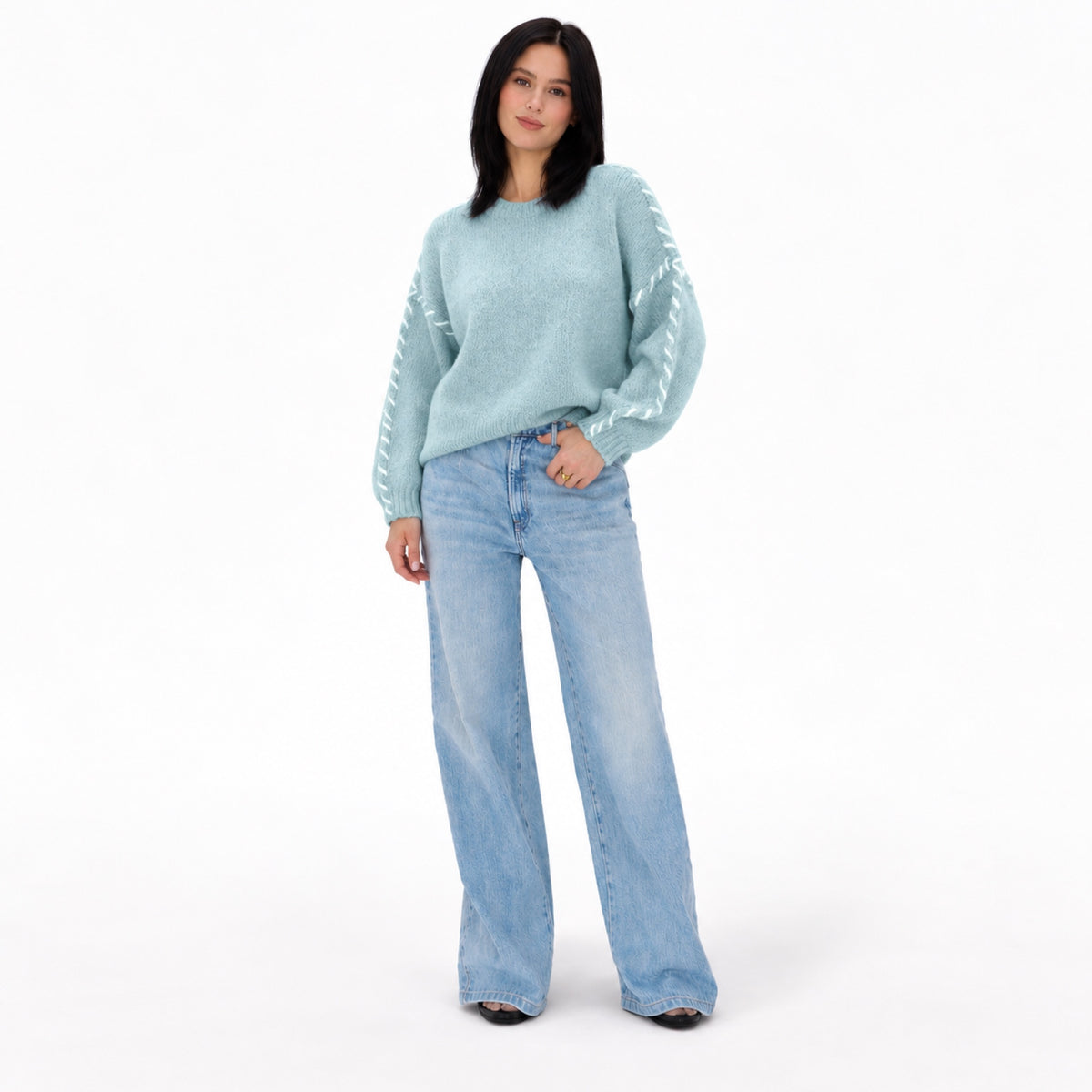 Women's contrast whipstitch crew neck jumper in Mint Green - full view