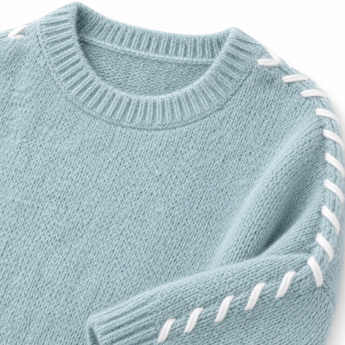 Women's contrast whipstitch crew neck jumper in Mint Green - stitch detail