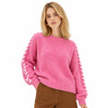 Women's contrast whipstitch crew neck jumper in Pink - front view