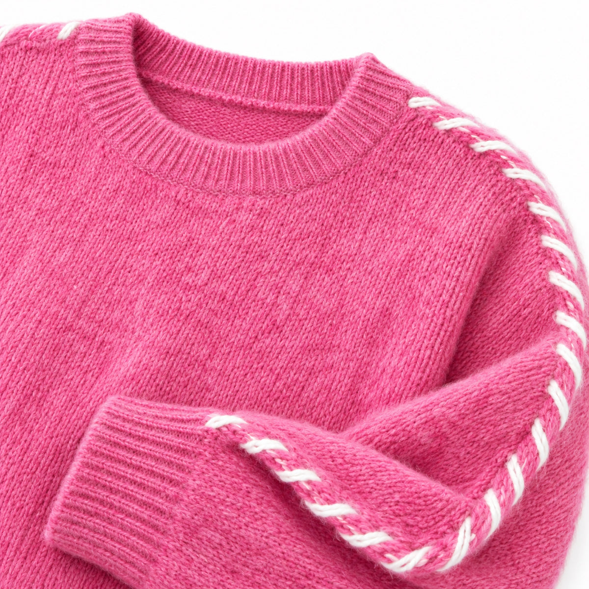 Women's contrast whipstitch crew neck jumper in Pink - stitch detail