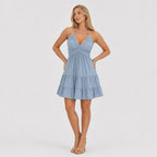 Women's halter mini dress in Light Blue front view