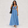 Blue embroidered maxi dress front view