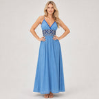 Blue embroidered maxi dress front detail pose