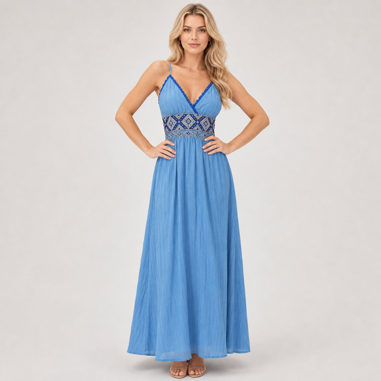 Blue embroidered maxi dress front detail pose