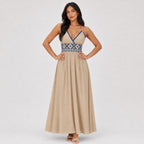 Khaki embroidered maxi dress front detail pose