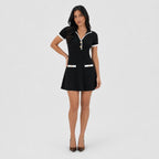Women's Contrast-Trim Knitted A-Line Mini Dress Short Sleeve Relaxed Fit - Black
