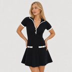 Women's Contrast-Trim Knitted A-Line Mini Dress Short Sleeve Relaxed Fit - Black