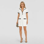 Women's Contrast-Trim Knitted A-Line Mini Dress Short Sleeve Relaxed Fit - White