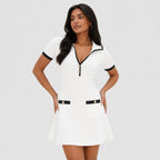 Women's Contrast-Trim Knitted A-Line Mini Dress Short Sleeve Relaxed Fit - White