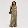Women's Floral Chiffon Halter Maxi Dress Gathered Neckline Flowing Fit - Green