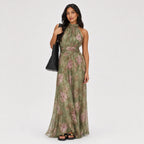 Women's Floral Chiffon Halter Maxi Dress Gathered Neckline Flowing Fit - Green