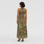 Women's Floral Chiffon Halter Maxi Dress Gathered Neckline Flowing Fit - Green