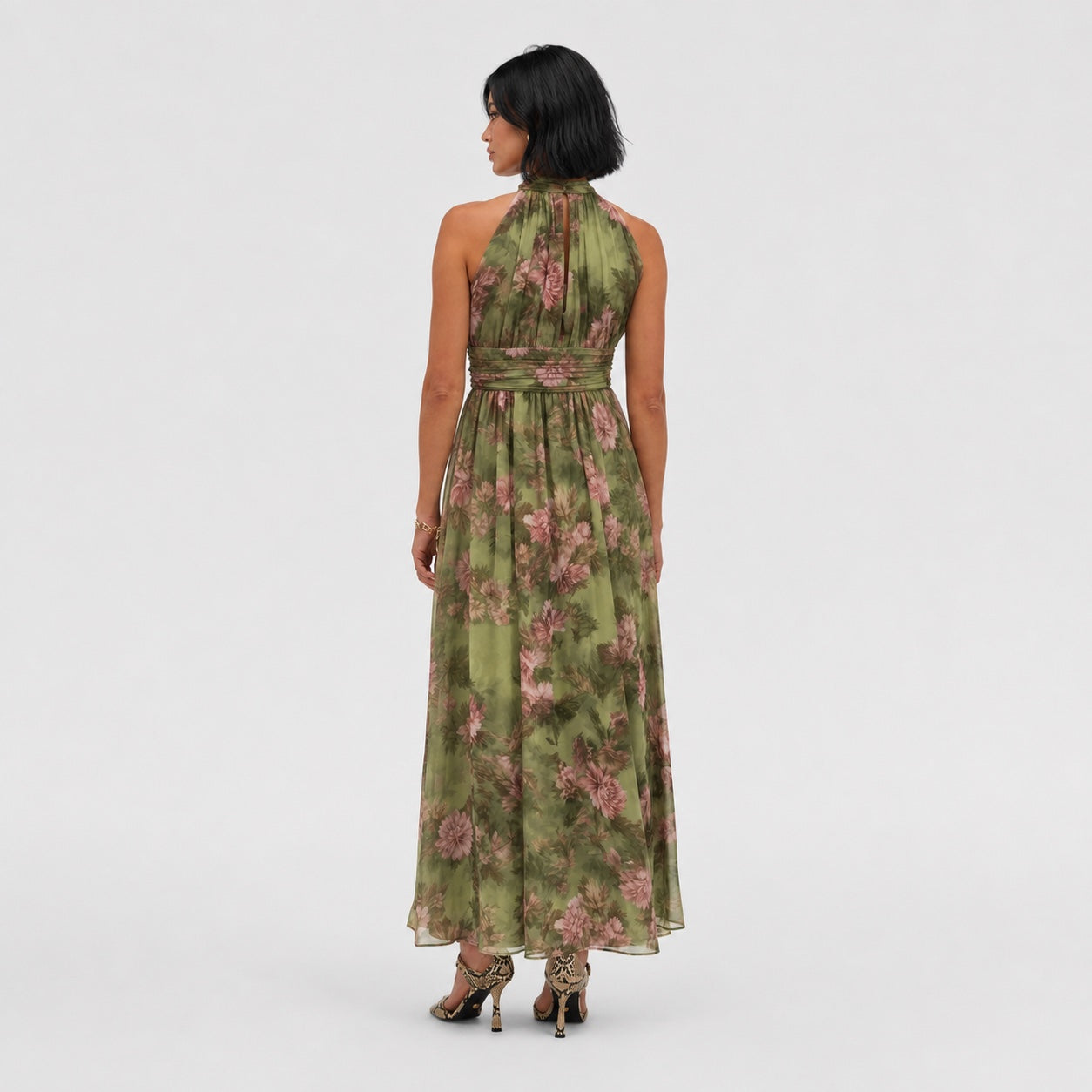 Women's Floral Chiffon Halter Maxi Dress Gathered Neckline Flowing Fit - Green