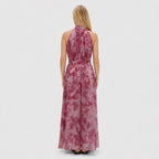 Women's Floral Chiffon Halter Maxi Dress Gathered Neckline Flowing Fit - Pink
