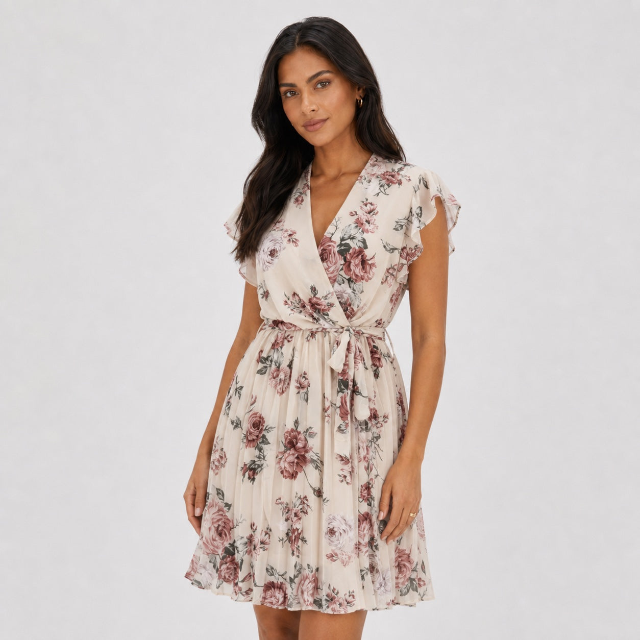 Women's Floral Chiffon Wrap Dress V-Neck Flutter Sleeve Relaxed Fit - Apricot