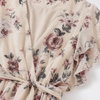 Women's Floral Chiffon Wrap Dress V-Neck Flutter Sleeve Relaxed Fit - Apricot