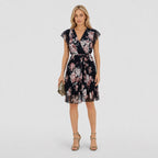 Women's Floral Chiffon Wrap Dress V-Neck Flutter Sleeve Relaxed Fit - Black