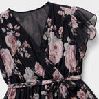 Women's Floral Chiffon Wrap Dress V-Neck Flutter Sleeve Relaxed Fit - Black