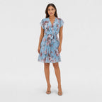 Women's Floral Chiffon Wrap Dress V-Neck Flutter Sleeve Relaxed Fit - Blue