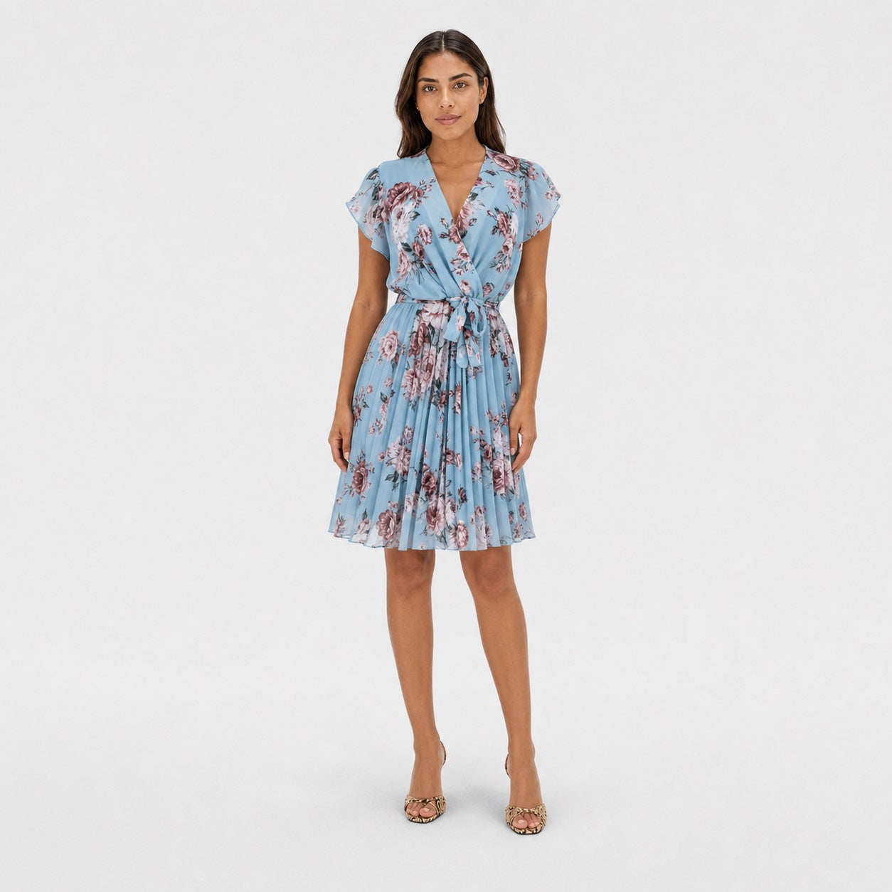 Women's Floral Chiffon Wrap Dress V-Neck Flutter Sleeve Relaxed Fit - Blue
