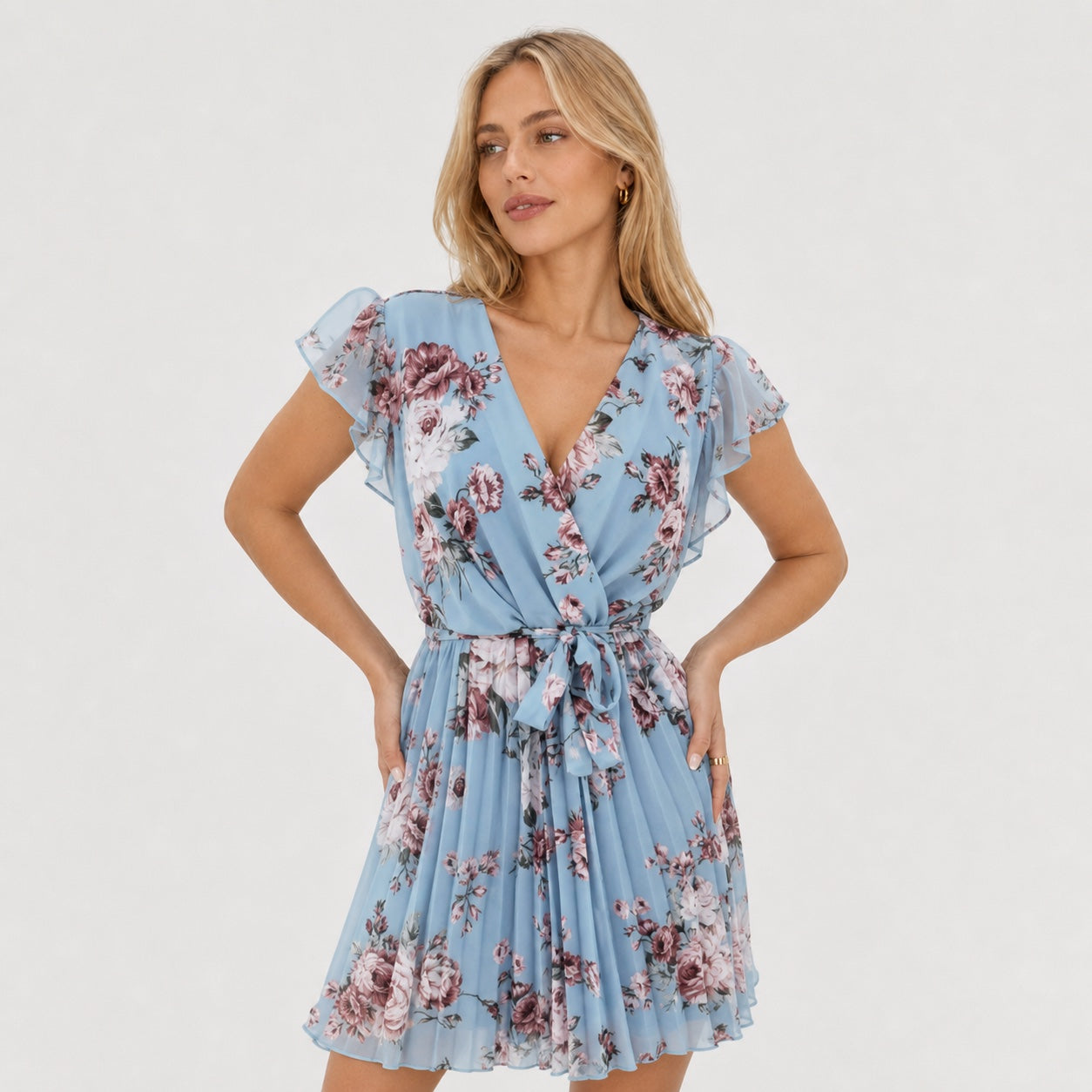 Women's Floral Chiffon Wrap Dress V-Neck Flutter Sleeve Relaxed Fit - Blue