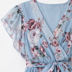 Women's Floral Chiffon Wrap Dress V-Neck Flutter Sleeve Relaxed Fit - Blue