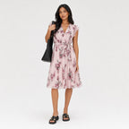 Women's Floral Chiffon Wrap Dress V-Neck Flutter Sleeve Relaxed Fit - Pink