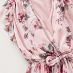 Women's Floral Chiffon Wrap Dress V-Neck Flutter Sleeve Relaxed Fit - Pink