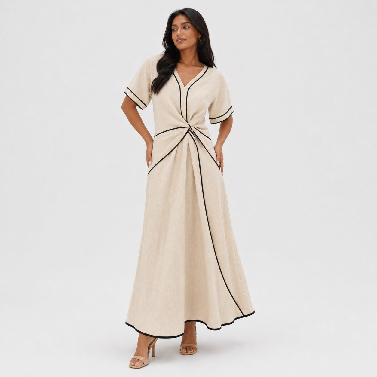 Women's Contrast-Piped Wrap Maxi Dress Short Sleeve Relaxed Fit - Apricot