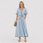 Women's Contrast-Piped Wrap Maxi Dress Short Sleeve Relaxed Fit - Blue