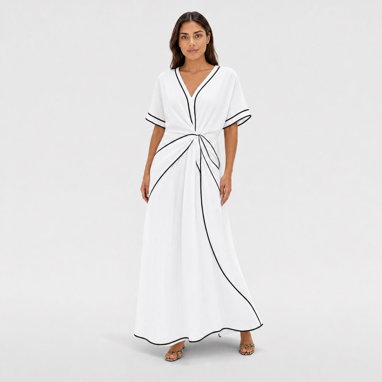 Women's Contrast-Piped Wrap Maxi Dress Short Sleeve Relaxed Fit - White