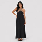 Women's Colour-Block Cross-Neck Maxi Dress Sleeveless Relaxed Fit - Black