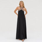 Women's Colour-Block Cross-Neck Maxi Dress Sleeveless Relaxed Fit - Black