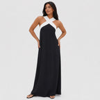 Women's Colour-Block Cross-Neck Maxi Dress Sleeveless Relaxed Fit - BlackWhite