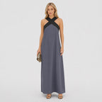 Women's Colour-Block Cross-Neck Maxi Dress Sleeveless Relaxed Fit - Grey