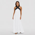 Women's Colour-Block Cross-Neck Maxi Dress Sleeveless Relaxed Fit - White