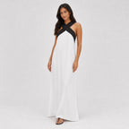 Women's Colour-Block Cross-Neck Maxi Dress Sleeveless Relaxed Fit - White