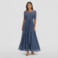 Women's Embroidered Lace Chiffon Midi Dress Half Sleeve Regular Fit - Blue