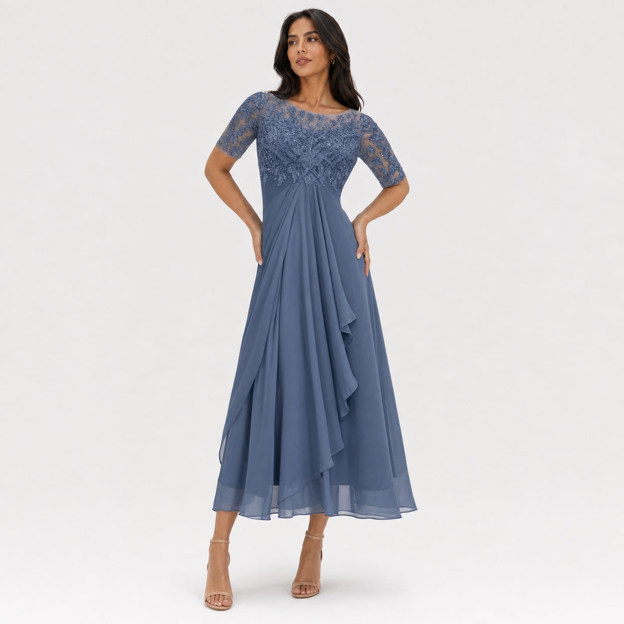 Women's Embroidered Lace Chiffon Midi Dress Half Sleeve Regular Fit - Blue