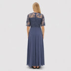 Women's Embroidered Lace Chiffon Midi Dress Half Sleeve Regular Fit - Blue