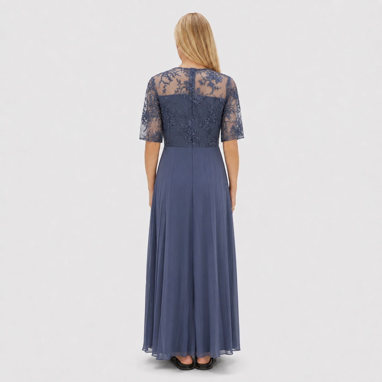 Women's Embroidered Lace Chiffon Midi Dress Half Sleeve Regular Fit - Blue