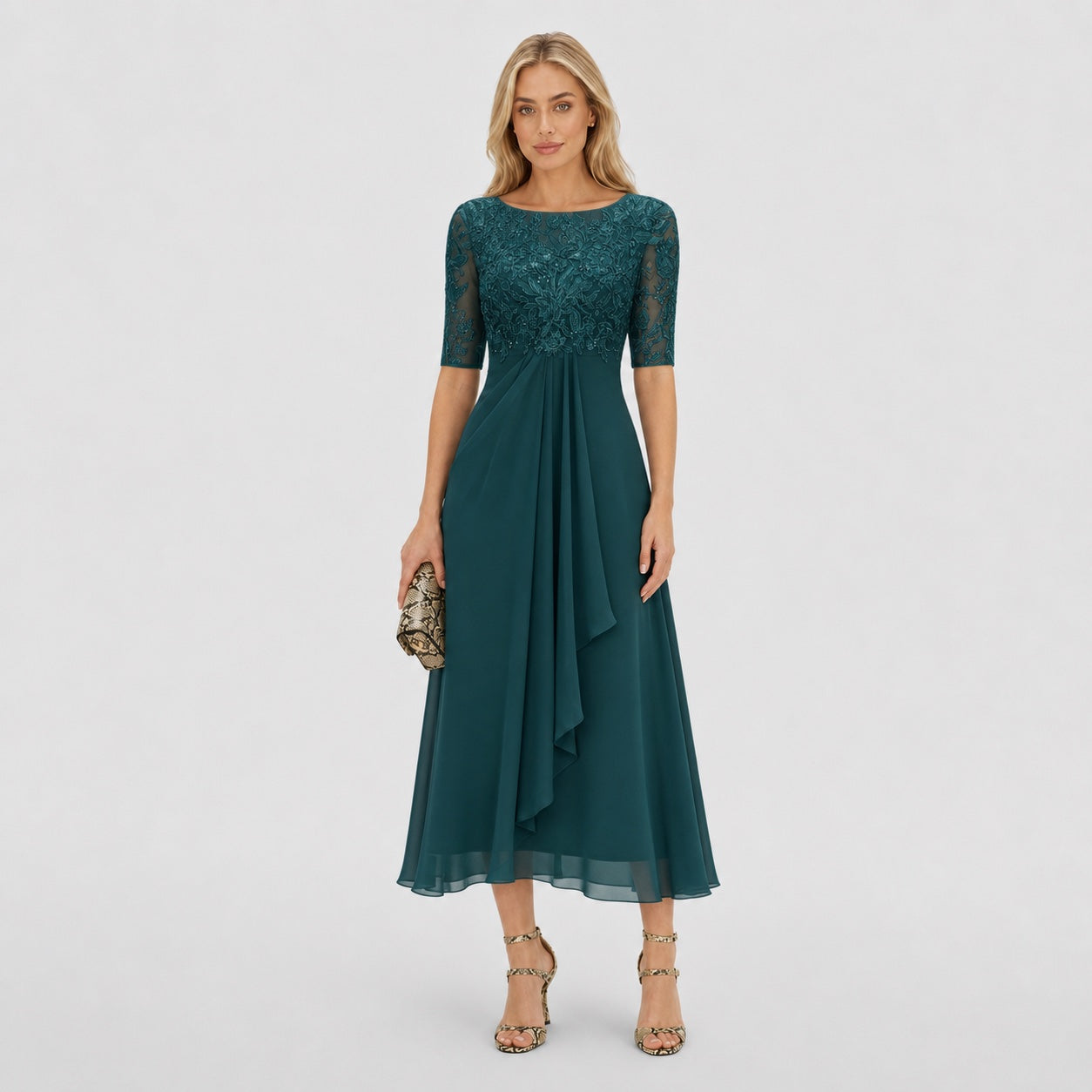 Women's Embroidered Lace Chiffon Midi Dress Half Sleeve Regular Fit - Dark Green