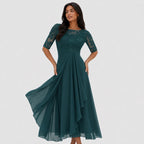 Women's Embroidered Lace Chiffon Midi Dress Half Sleeve Regular Fit - Dark Green