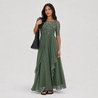 Women's Embroidered Lace Chiffon Midi Dress Half Sleeve Regular Fit - Green