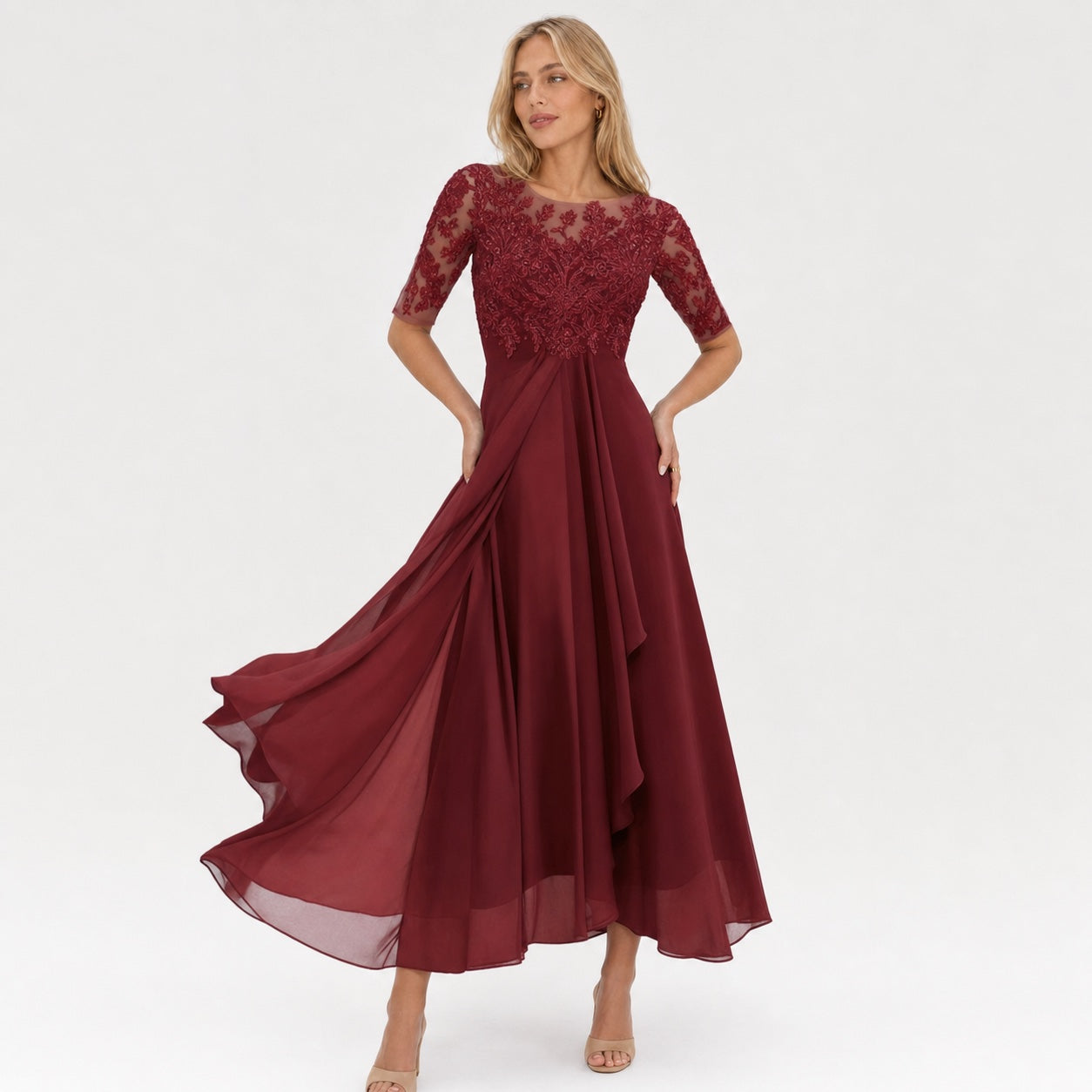 Women's Embroidered Lace Chiffon Midi Dress Half Sleeve Regular Fit - Red