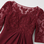 Women's Embroidered Lace Chiffon Midi Dress Half Sleeve Regular Fit - Red