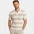 Men's Striped Open-Knit Polo Shirt Short Sleeve Regular Fit - Apricot