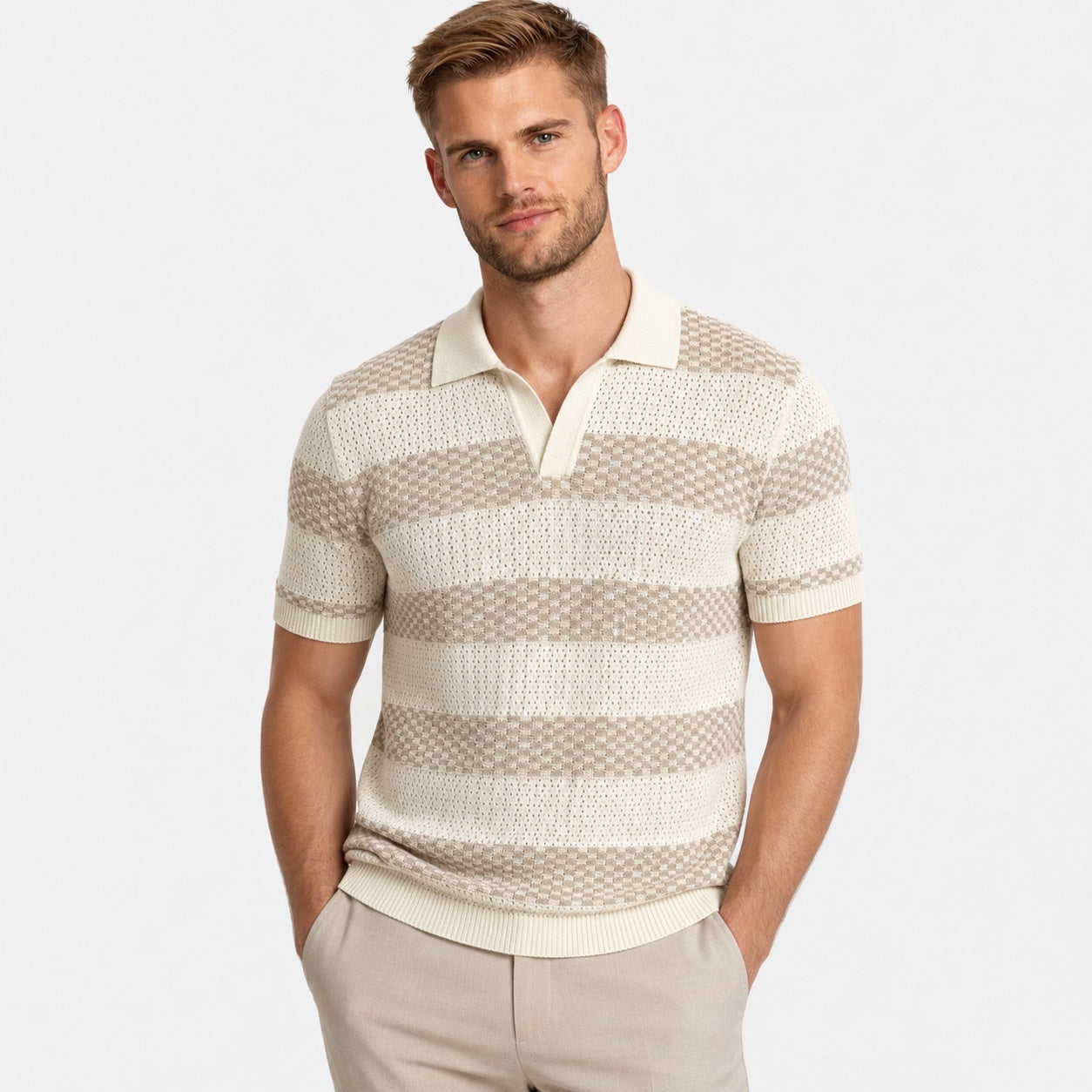 Men's Striped Open-Knit Polo Shirt Short Sleeve Regular Fit - Apricot