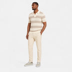 Men's Striped Open-Knit Polo Shirt Short Sleeve Regular Fit - Apricot